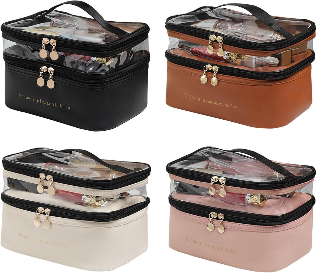 FORERA 2 in 1 Waterproof Leather Makeup Bag with Double Zipper and Handle – Travel Organizer for Cosmetics, Skincare, Jewelry