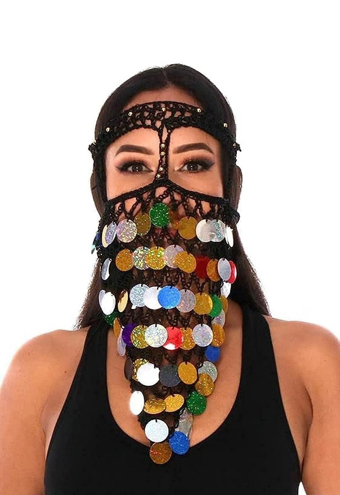 Belly Dance Egyptian Costume Headwear Coins Face Mask Triangle Crochet Face with Coins