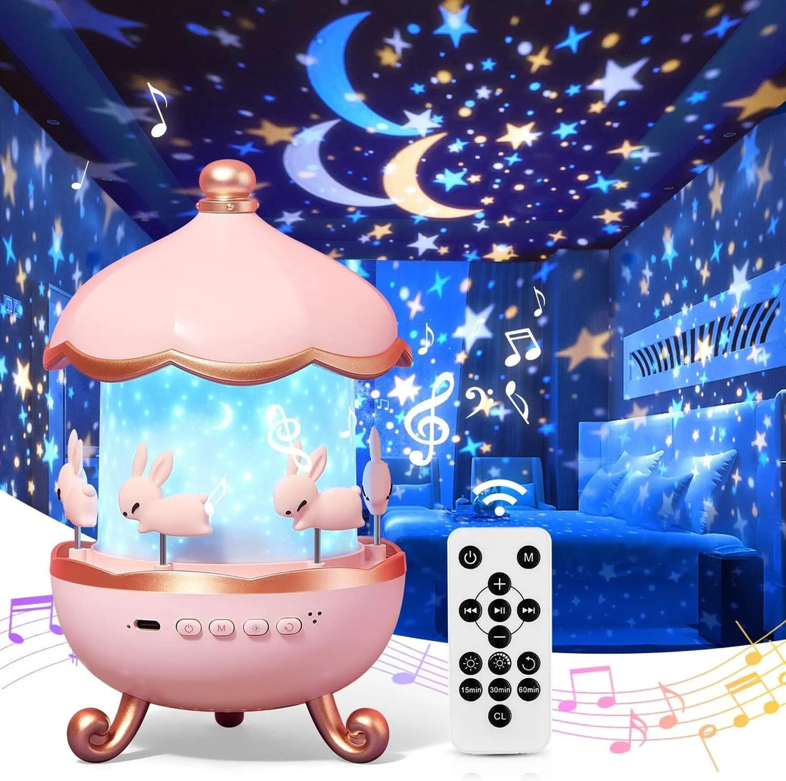 Dwiza Enterprise Rotating Cabin Star Projector Night Light with Bluetooth & Remote | 7 Lights & 6 Themes and 8 Sounds | 360° Rotation USB Rechargeable Projector Lamp for Kids Baby Room Décor