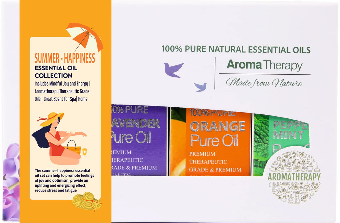 HAPPINESS Collection Essential Oil Set | Gift Box | Incl. Citronella, Lavender, Orange, Peppermint |Joy | Optimism | Uplifting | Pack may vary