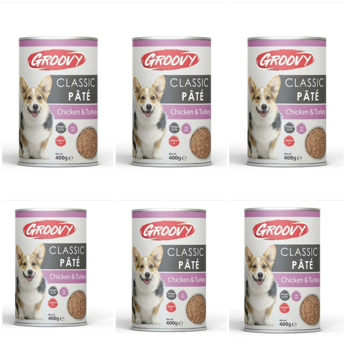 Groovy Classic Pets Wet Dog Food 400g – High Protein, Vitamin A Enriched – Duck, Chicken & Turkey, Beef & Liver, or Livr – 1, 2, or 3 Pieces (Six Pieces, Chicken & Turkey)