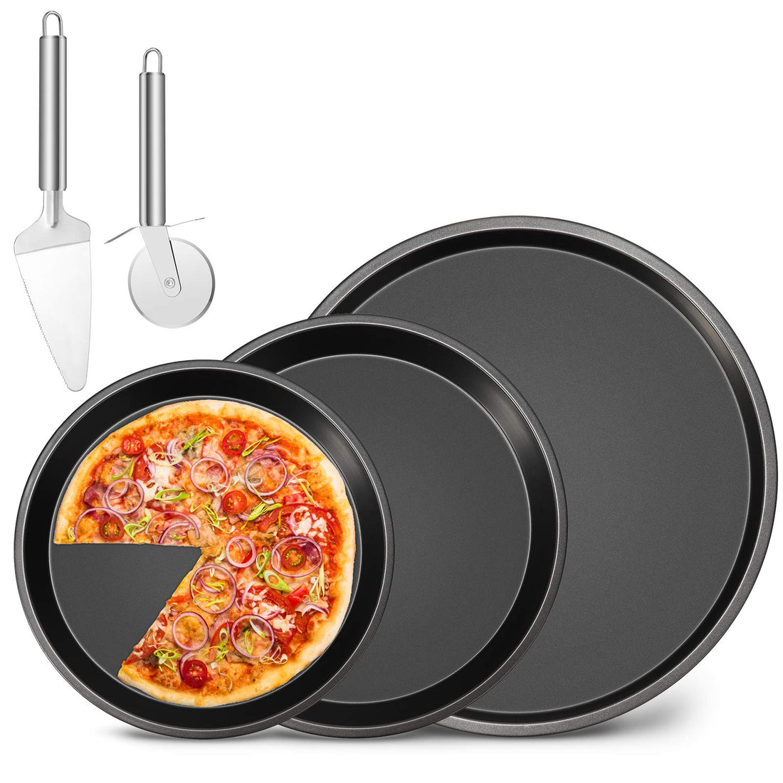 Pizza Pan 3 Pack Round Pizza Board Carbon Steel Pizza Baking Pan Non-Stick Cake Pizza Crisper Server Tray Stand Pizza Stones Tools for Home Kitchen Oven Restaurant Bakeware Pizza Pan Sets