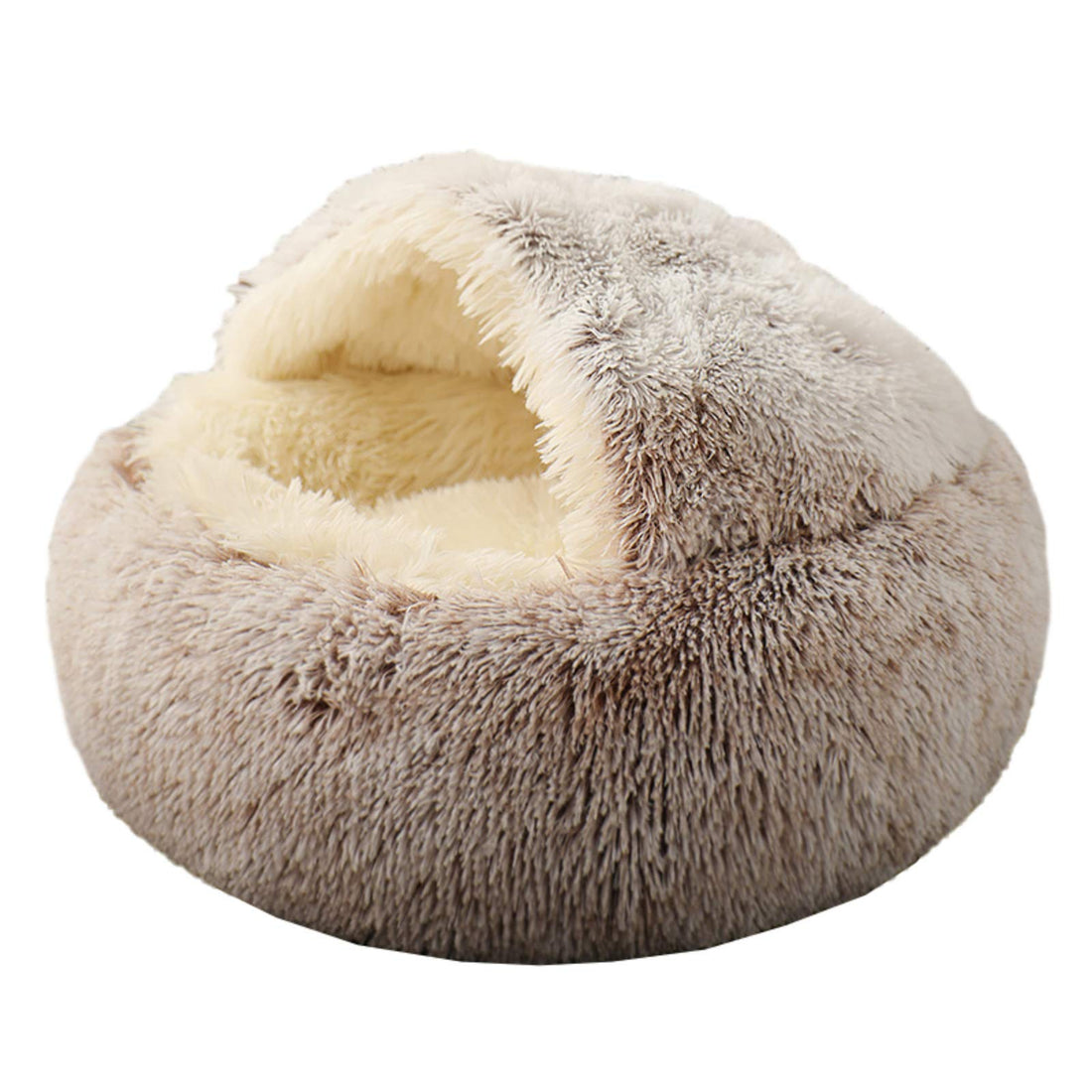 MIEMIE Round Soft Plush Burrowing Hooded Cat Bed, Large, Coffee