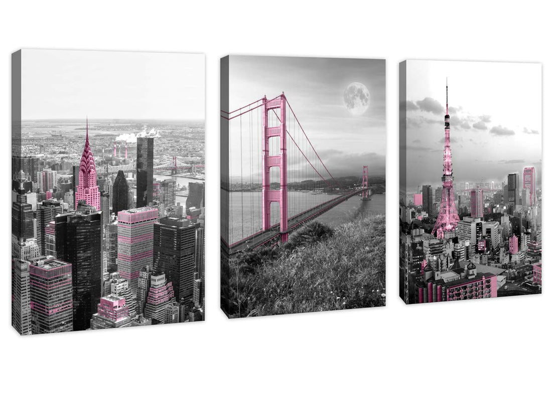 JLXART Wall Art for Bedroom Golden Gate Bridge Pink Home Artwork City Pictures Prints On Canvas for Living Room Bathroom Wall Decor Each Piece is 12x16inch
