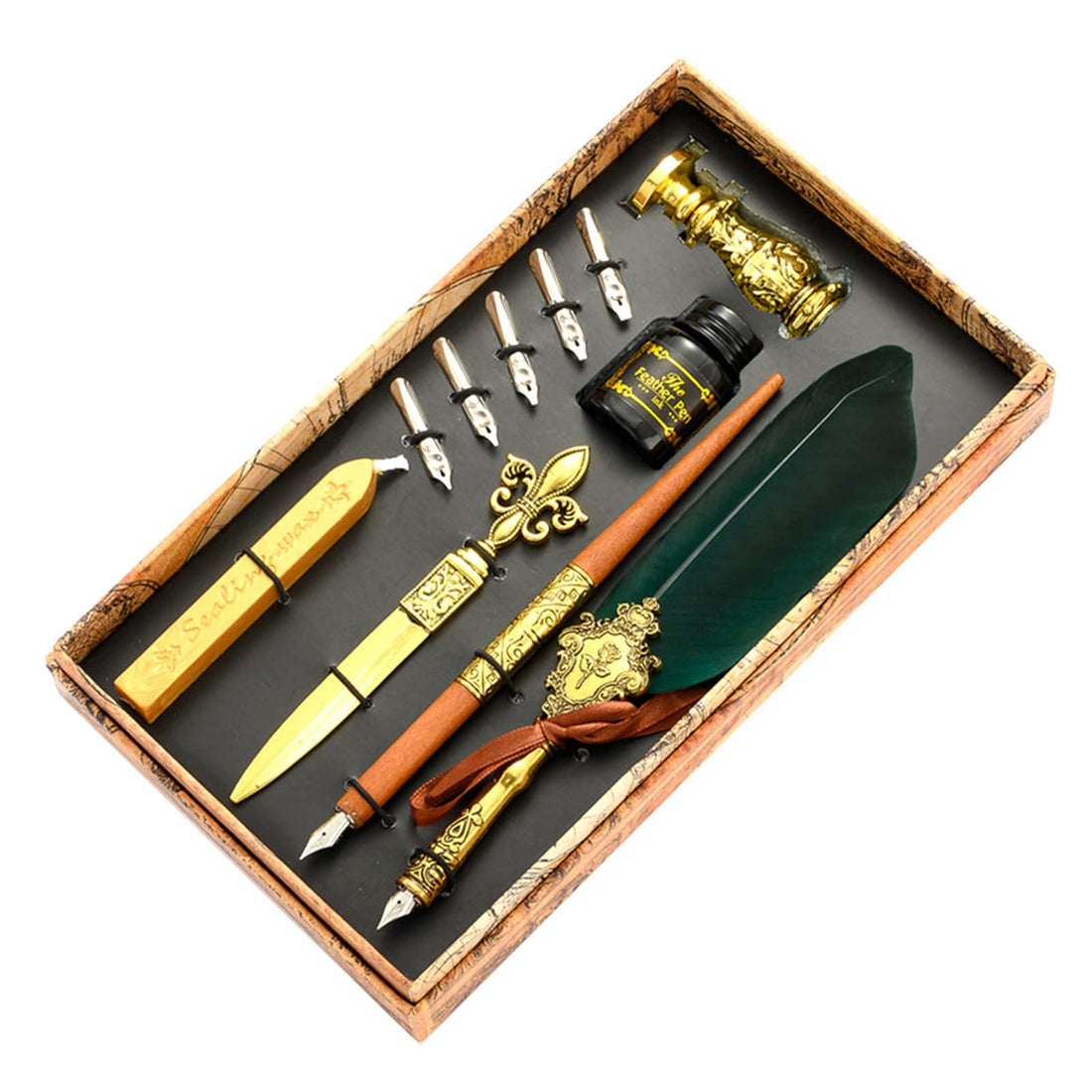 VolksRose Quill Pen and Ink Set, Calligraphy Feather Pen and Ink Set, Includes Dip Pen, 17 Replaceable Nib, Ink, Wax Seal Stamp, Wax Seal Stick, Envelope Opening Tool, Calligraphy Writing Pen Set Gift