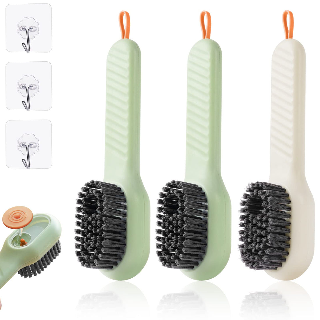 Flintronic 3 Shoe Brushes with Soap Dispenser, Automatic Liquid Addition, Multifunctional Household Cleaning Tool, Washing Brushes for Clothes, Shoes, with 3 Hooks