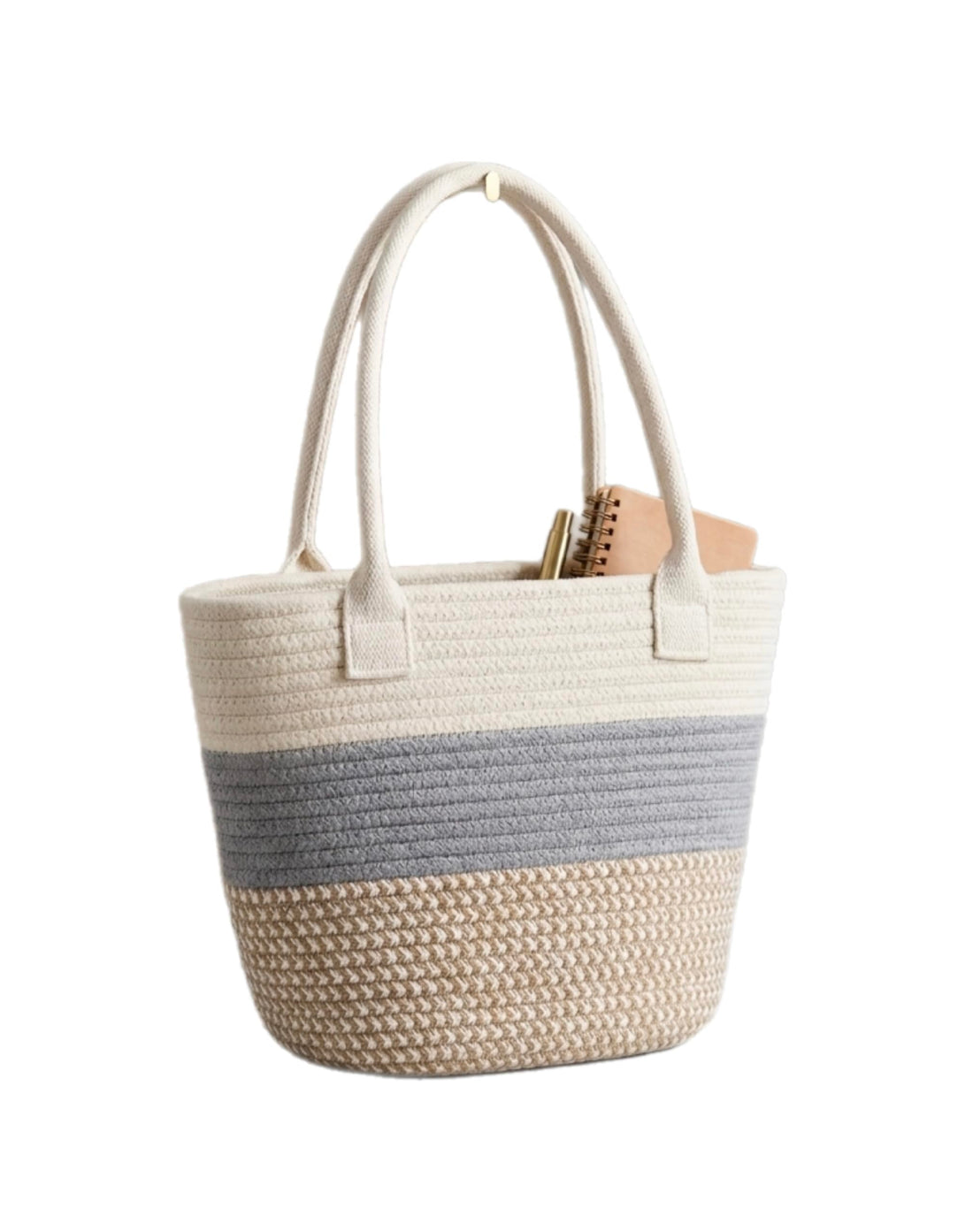 Beach Tote Bag, Striped, Natural Cotton and Jute, Zip Closure, Summer Shoulder Bag