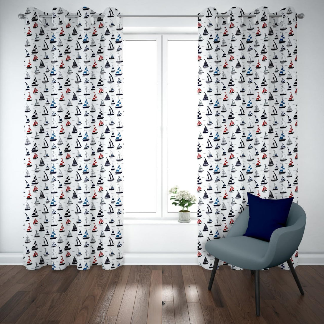 Curtains and Rods Voile boats -1Panel printed White, 300cmX280cm, 145110-1
