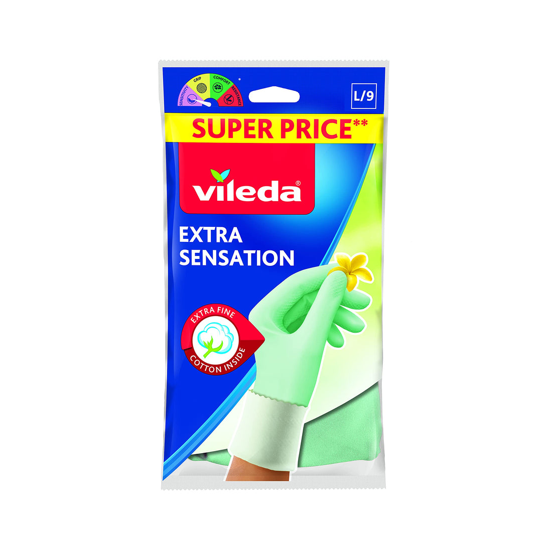 Vileda Extra Sensation Very Sensitive and Plush Inside Cotton Gloves, Large Size, Alloy Steel, Green, L (Pack of 2)