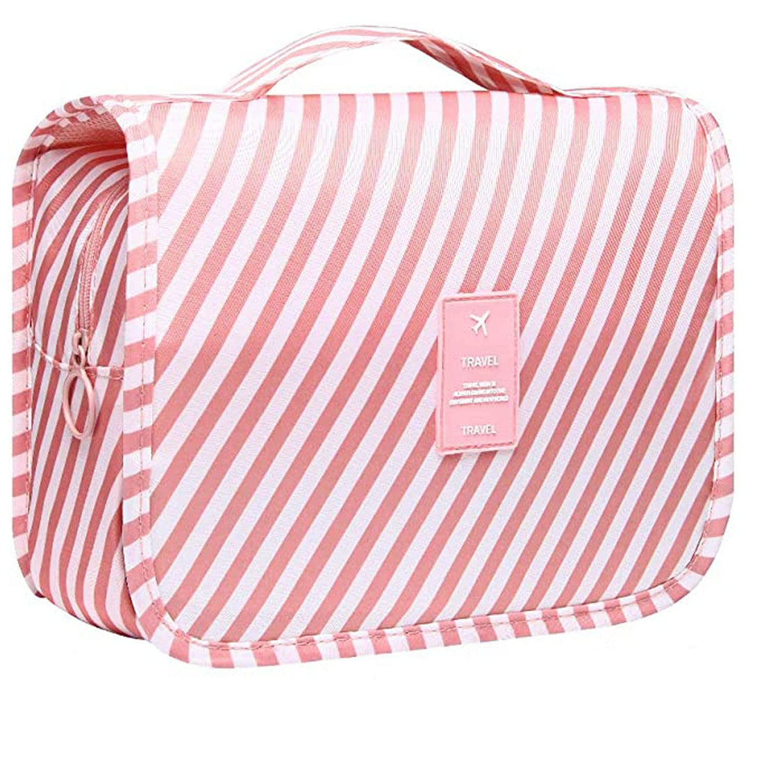Veyarien Travel Toiletry Bag, Hanging Toiletries Wash Bag Makeup Cosmetic Organizer Bags for Women Girls Kids Waterproof Foldable, Pink Stripes, Classic, Durable, Practical