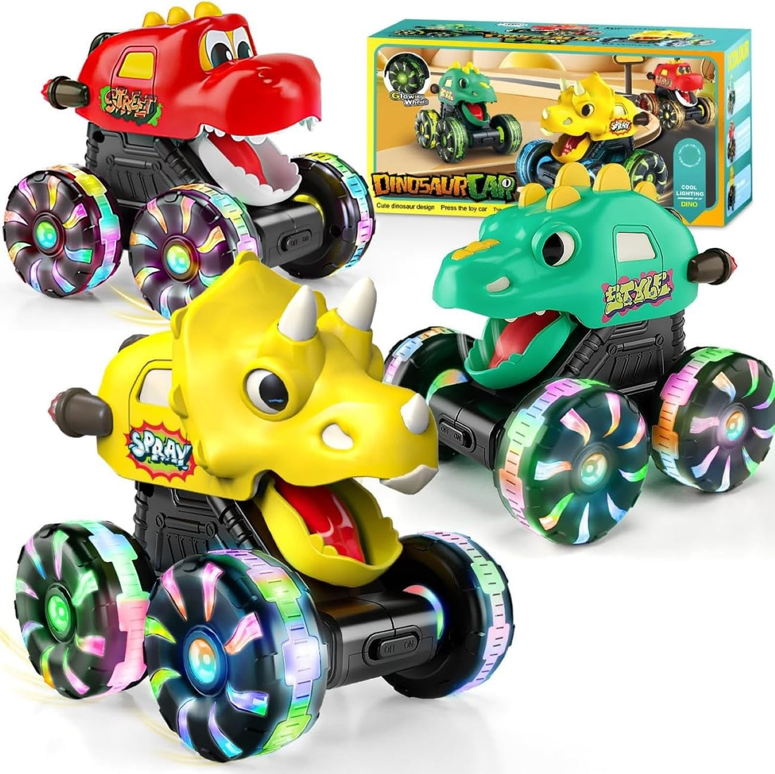 TOYS LAND 3 Pack Dinosaur Monster Truck Toy for Toddlers 2-3, Press & Go Car Truck with Moving Mouth, Light-Up Wheels Dino Cars, Birthday Gifts for Boys Girls Ages 2 3 4 5 6 Years Old