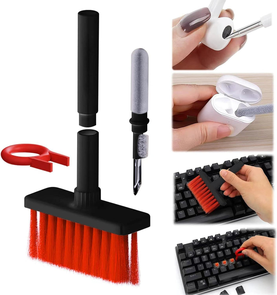 5 in 1 Keyboard Cleaning Brush Kit,Multifunctional Earbuds Cleaner with Keycap Puller,Cleaning Tools for Mechanical Keyboard,PC Laptop and Earphone (Red)