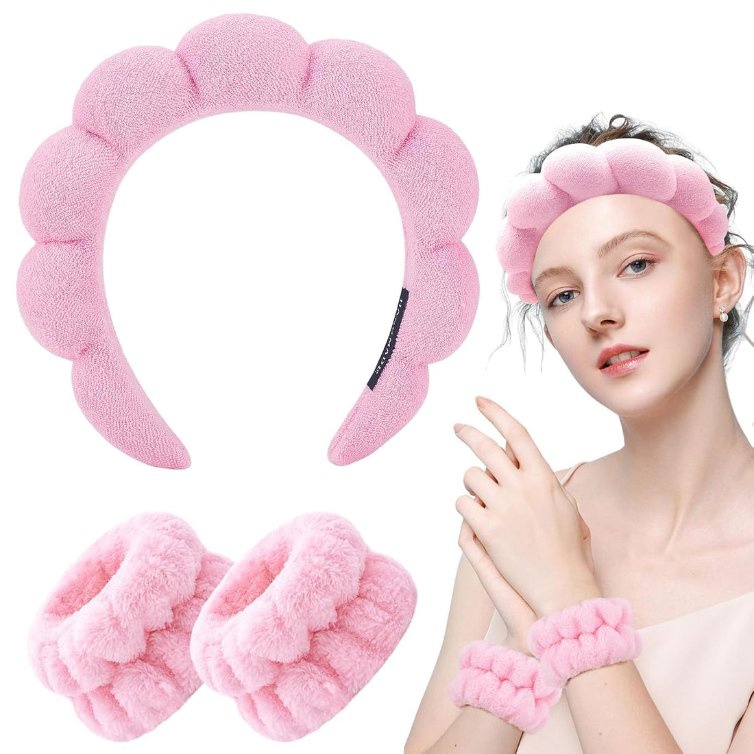 Spa Headbands for Women Girls Sponge Cute Pink Makeup Skin Care Headband Wristbands Set for Washing Face Towels Bubble Soft Hairband Puffy Headwear Winter Non Slip Thick Thin Hair Accessory (Pink, 1)