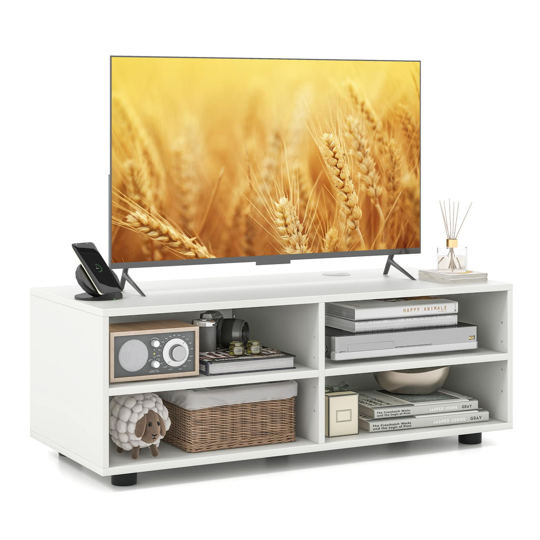 COSTWAY TV Stand Cabinet for TVs up to 40"/55", Wooden Media Entertainment Center with Storage Cubes and Adjustable Shelves, TV Unit Console Table for Living Room Bedroom (White, 4 Cubes)