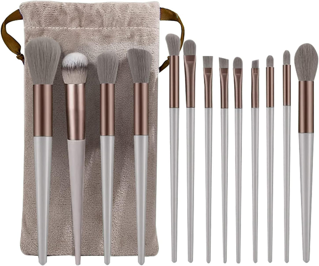 13 Pieces Makeup Fix Brush Set with Plush Bag, Soft Synthetic Bristles Foundation Powder Blush Eyeshadow Brushes, Professional Face & Eye Makeup Tools Kit (Nude)