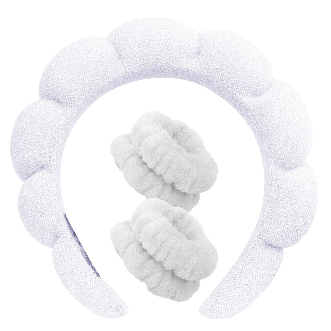 Spa Headband & Wristband Set for Face Washing – Skincare & Makeup Headbands for Women, Girls | Soft Terry Cloth Bubble Headband, Puffy Padded Headwear Non Slip Thick Hair Accessory(White)