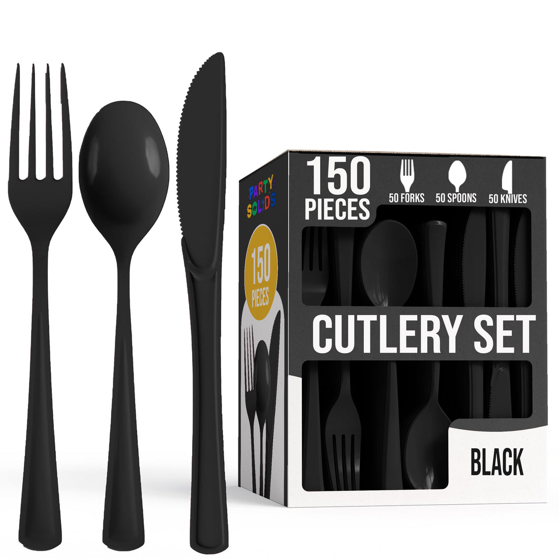 Exquisite 150 Pack Black Plastic Utensils Heavy Duty Cutlery Set 50 Plastic Forks 50 Plastic Spoons 50 Plastic Knives Perfect Plastic Silverware Party Pack Set for all occasions