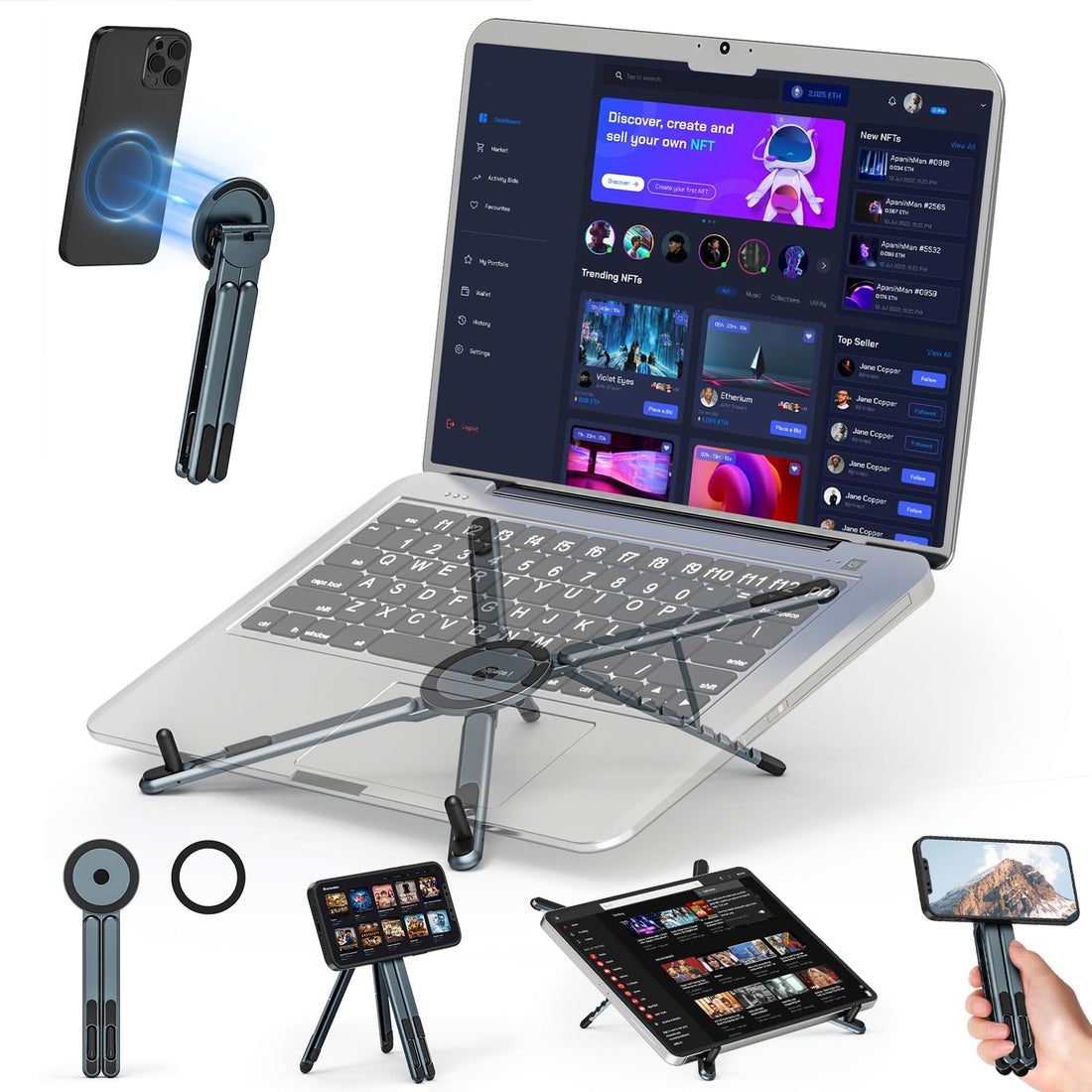 Portable Laptop Stand Travel, 3-in-1 Desk Tablet Mount Computer Holder Magnetic Phone Holder Tripod, for 10–15.6" Laptops and 4–13" Tablets/Phones, Compact Foldable Metal, 8-Level Height Adjustment