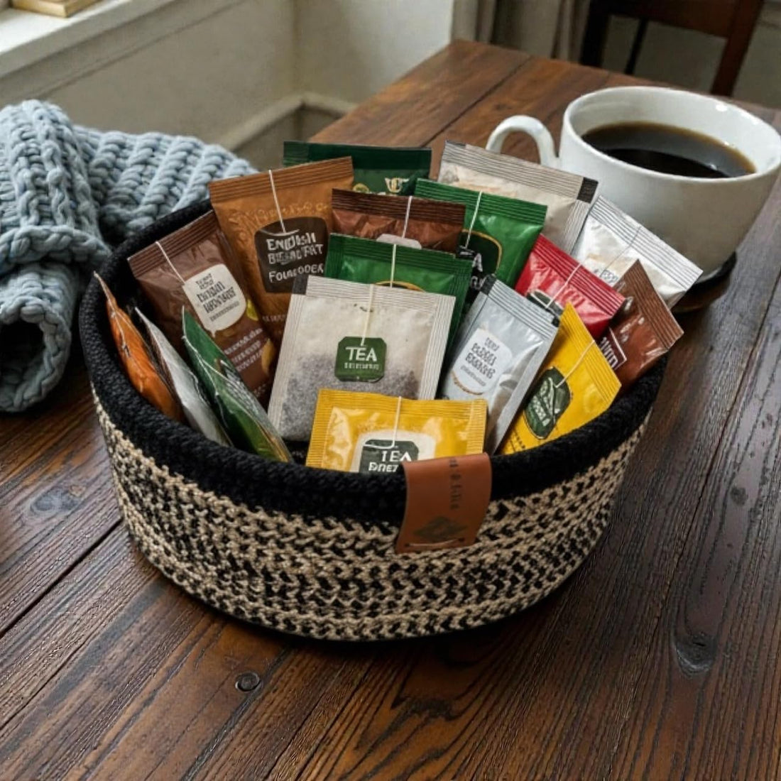 Woven it - Cotton round basket black & beige 22cm x 8cm, storage basket, and organizer Can be used in Kitchen, Dining Room, Living room, Bed room, Kids Room, Bathroom, Indoor & outdoor.