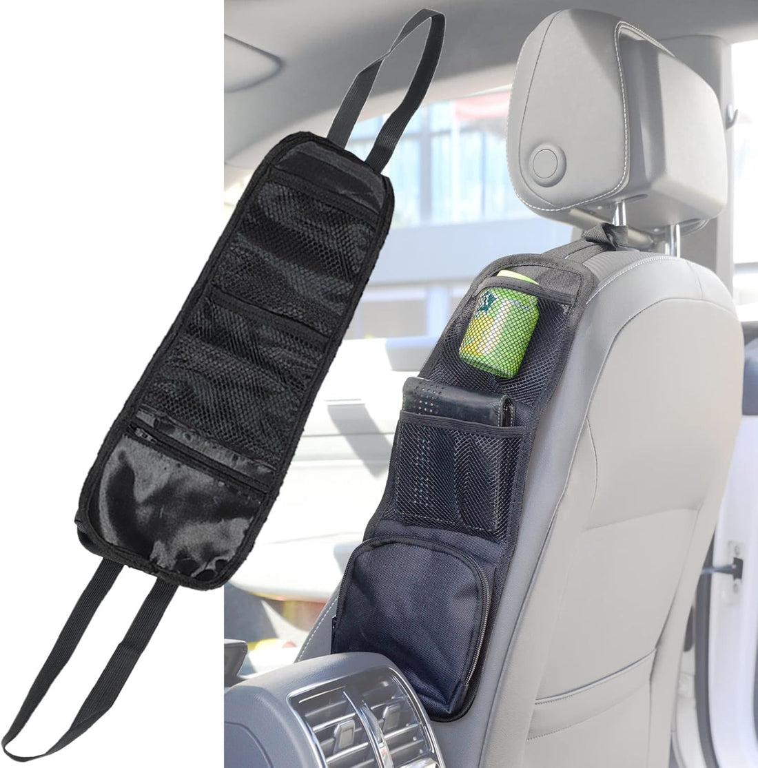 Car Seat Side Organizer, Multi-Pocket Handy Hanging Bag for Car Seats Side Storage and Front Seat Accessories to Hold Phone, Wallet, Drinks - Black - KaberTrade