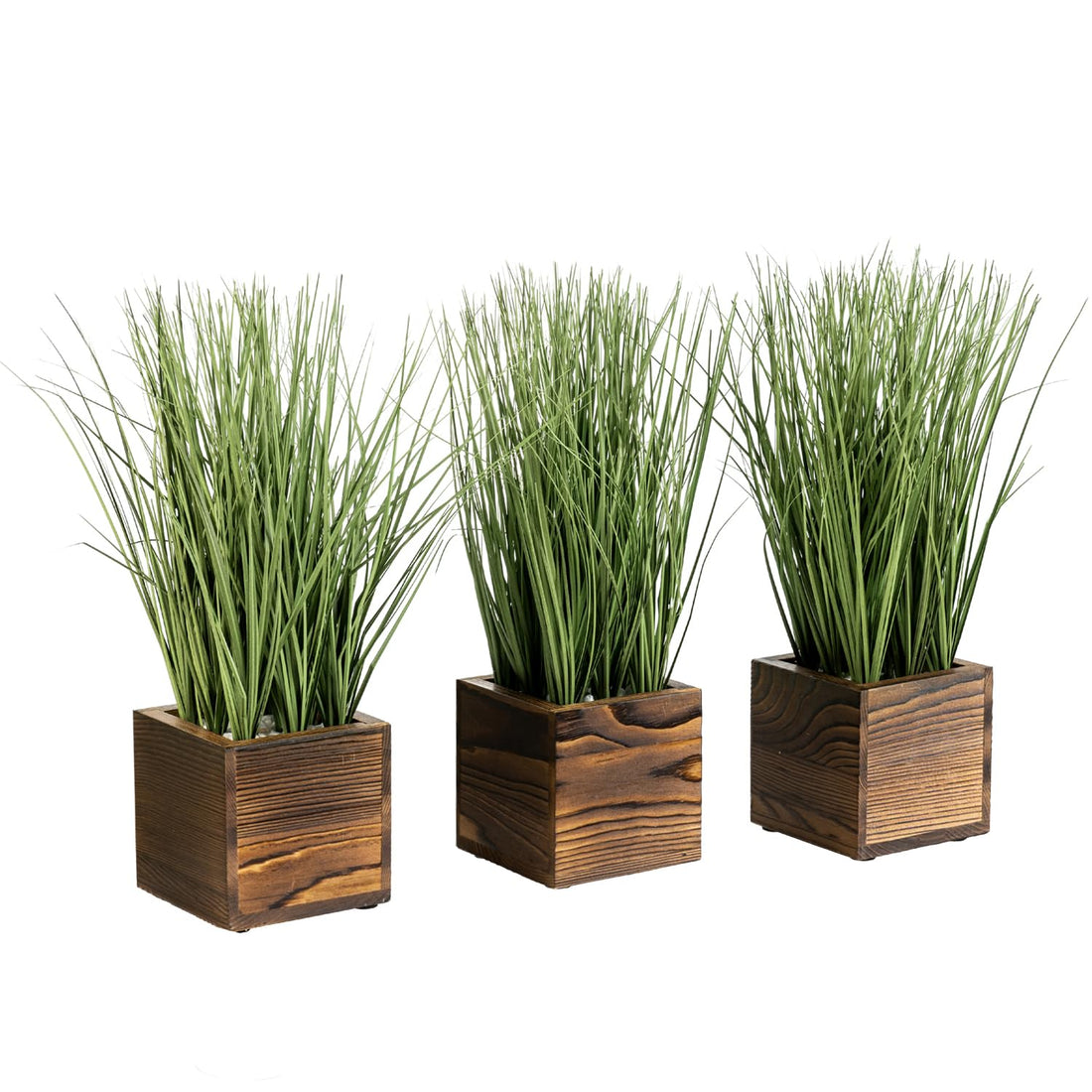 MyGift Artificial Green Grass Plants Trio in Rustic Burnt Solid Wood Planter Boxes, Faux Greenery in Decorative 4 Inch Square Wooden Containers, Set of 3