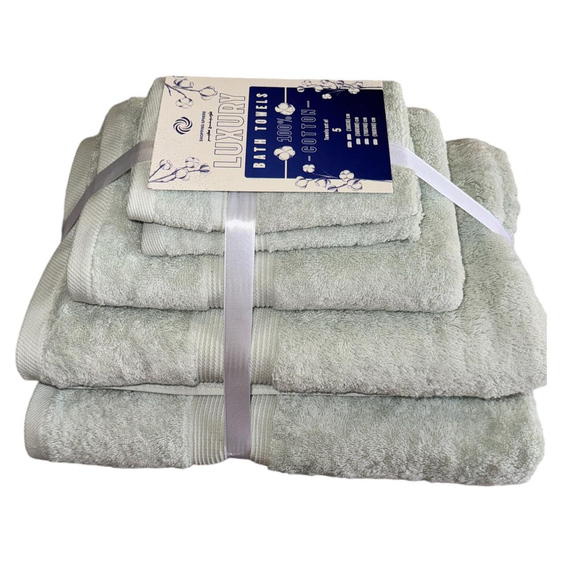 Jacquardina Set of 5 Luxury Cotton Towels: 2 Face (30X30cm), 1 Hand (50X100cm), 1 Bath (70X140cm), 1 Bath Sheet (90X160cm) in Mint Green