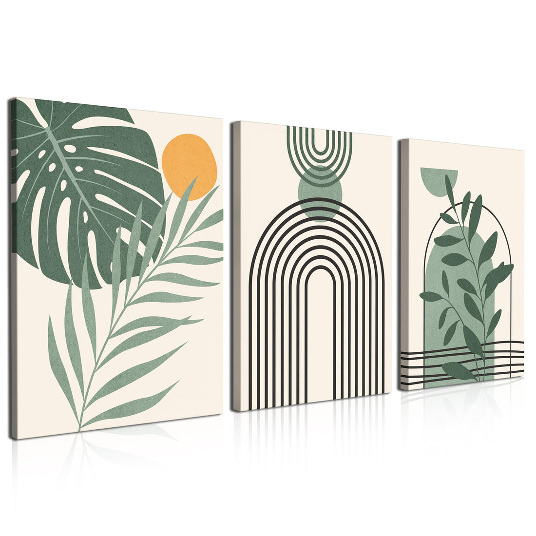 Boho Wall Art Set of 3 Mid Century Modern Wall Decor Abstract Geometric Prints Black Green Plant Sun Natural Framed Canvas Prints Artwork Ready To Hang for Living Room Bathroom Bedroom 12x16inch