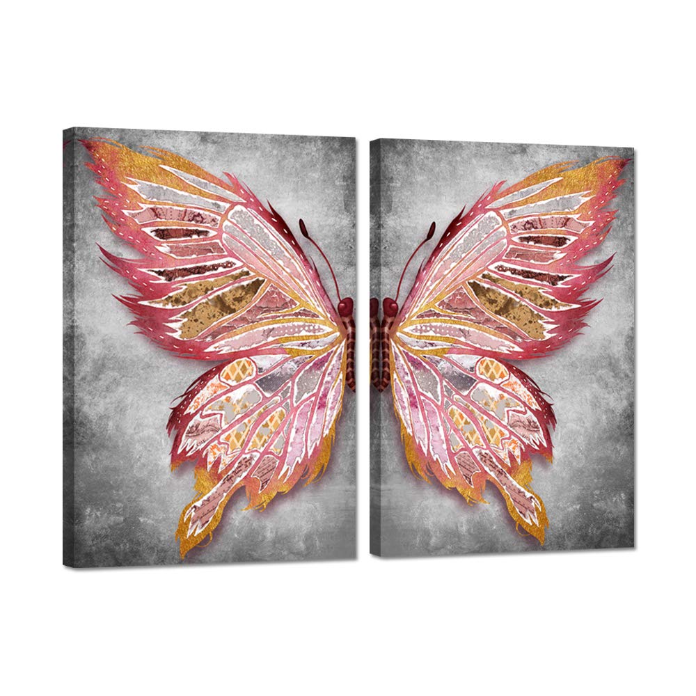 Zlove 2 Pieces Butterfly Canvas Wall Art Pink and Grey Butterfly Wings Insect Artwork Painting on Canvas Stretched and Framed for Bedroom Home Decor Ready to Hang 16x24inchx2pcs