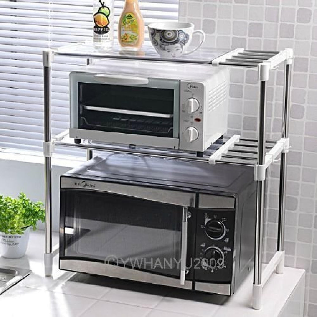 Discount Seller Stainless Steel Extendable Chrome 2 Shelf Microwave Oven Storage Rack with Hanging Hooks