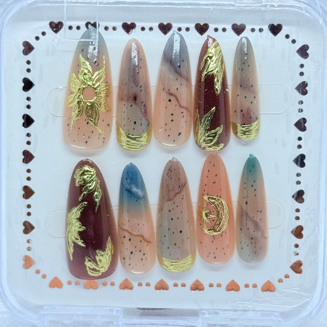 Premium Press On Nails Set – Long & Glossy False Nails with Gold, Silver & Black Details – Reusable, Salon Quality - 6 different sets (Multicolor/Galaxy)