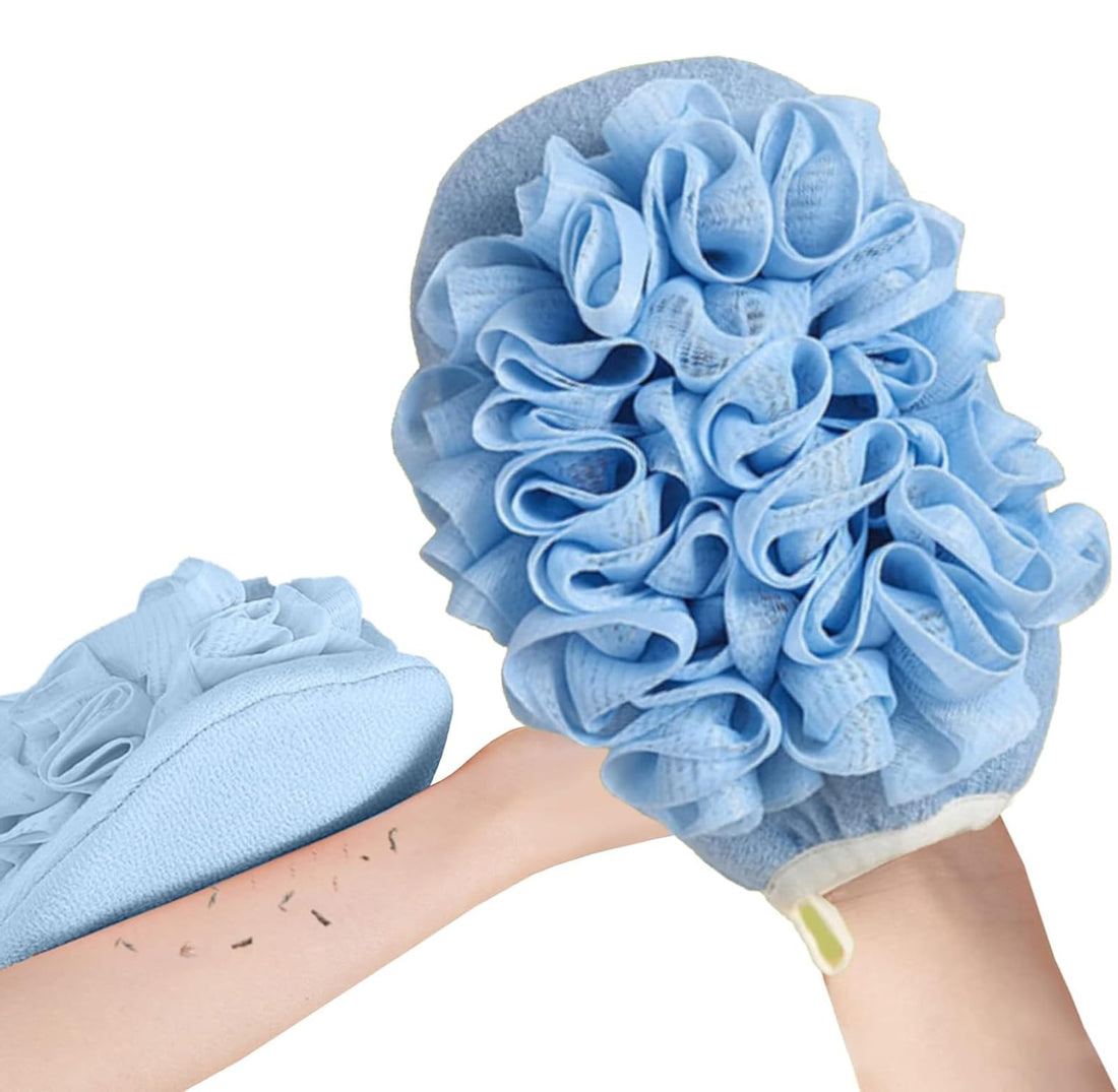 ToolHouse 1Pcs Exfoliating Glove with Loofah Sponge, Double Sided Bath Scrubber, Gentle Exfoliation and Rich Lather, Reusable and Easy to Clean for Women and Men (Blue)