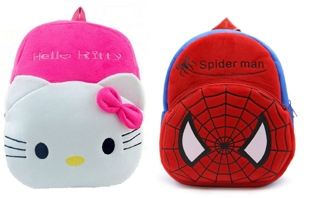 blue tree Kids School Bag Soft Plush Backpack Cartoon Bags Mini Travel Bag for for Girls Boys Toddler Baby Hello Kitty & Spiderman, BT_Hello_Kitty&red_spiderman, M, Casual