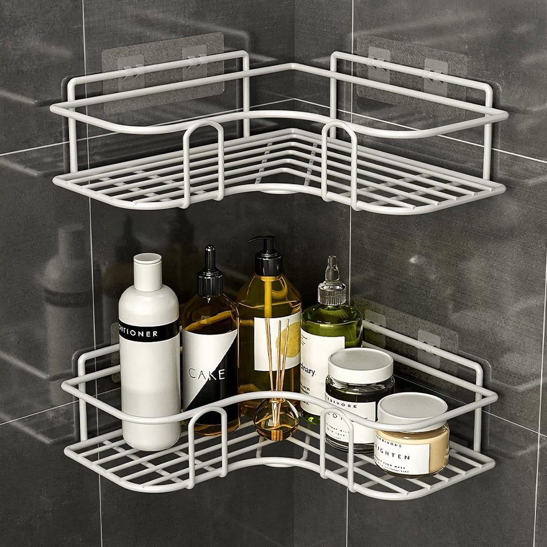 Wrought Iron Wall Shelf Set for Bathroom and Kitchen - 2 Piece - Elegant Corner Design with Suction Cup - Shower Shelf for Shampoo Storage, Available Exclusively in Prime Shop (White)