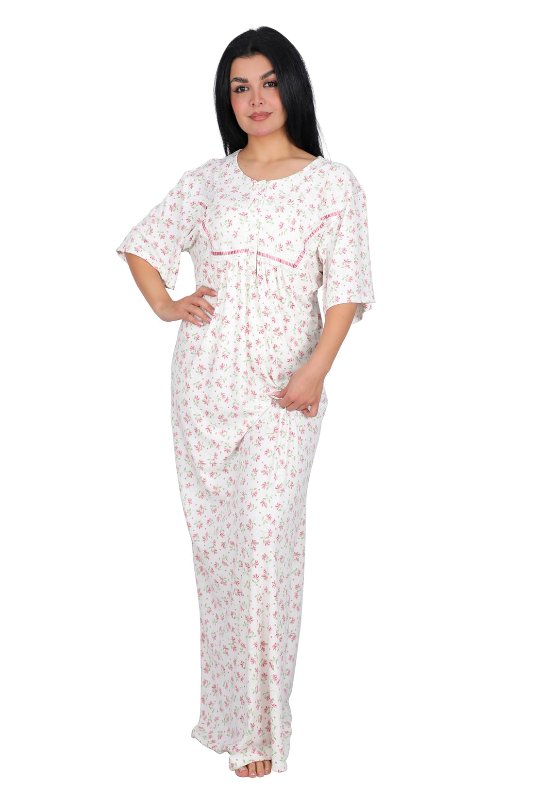 Women's Polyester Floral Print Long Nightgown Blue Green Short Sleeve Round Neck Nightgown