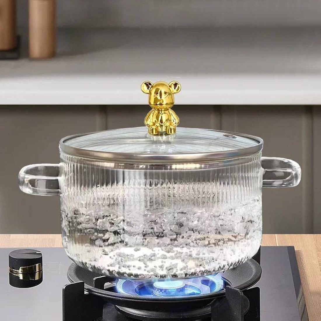 Generic 1.7L Rice Pot, Multi Color, Tempered Glass, Glass Finish, 1.7L Capacity, Metal Frame, Bear Mask, Suitable for Stovetop, 5" Depth x 1" Width x 17" Height, True Lid