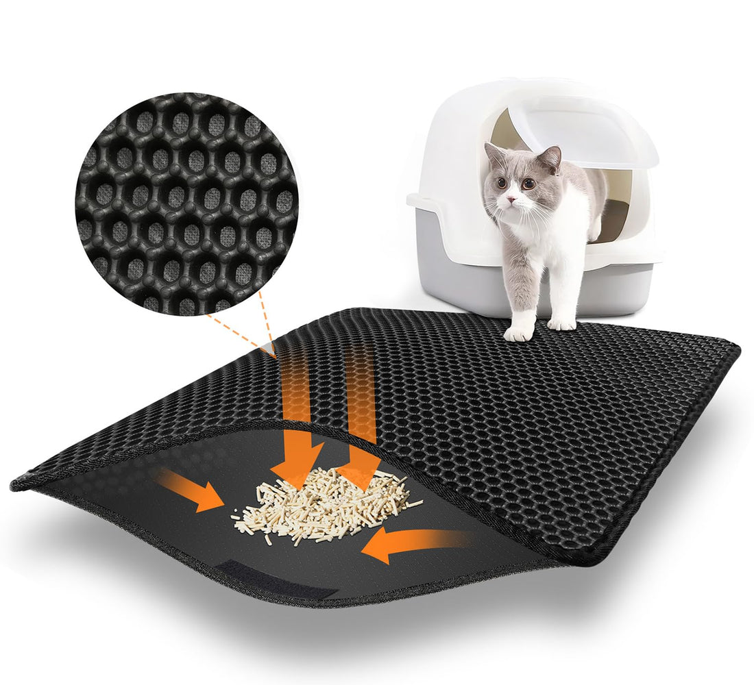 Cat Litter Tray Mat, Cat Litter Mat, 60 x 45 cm, Double Layer Waterproof Design, Cat Litter Mat, Honeycomb Mat, Cat Litter Mat, Black
