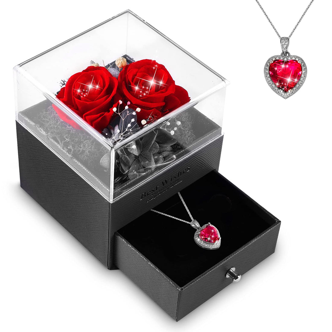 Preserved Red Rose Jewelry Box with Heart Style Necklace, Birthday Gift for Mom Valentine's Day Christmas New Year Thanksgiving Wife Friend with 3 Heads Rose