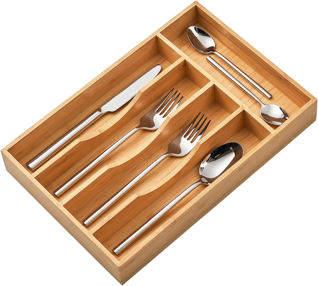 ALMEKAQUZ Bamboo Kitchen Drawer Organizer, 9 Inch Silverware Utensils Tray Holder for Small Drawer, Wood Caddy for Flatware Cutlery Knives