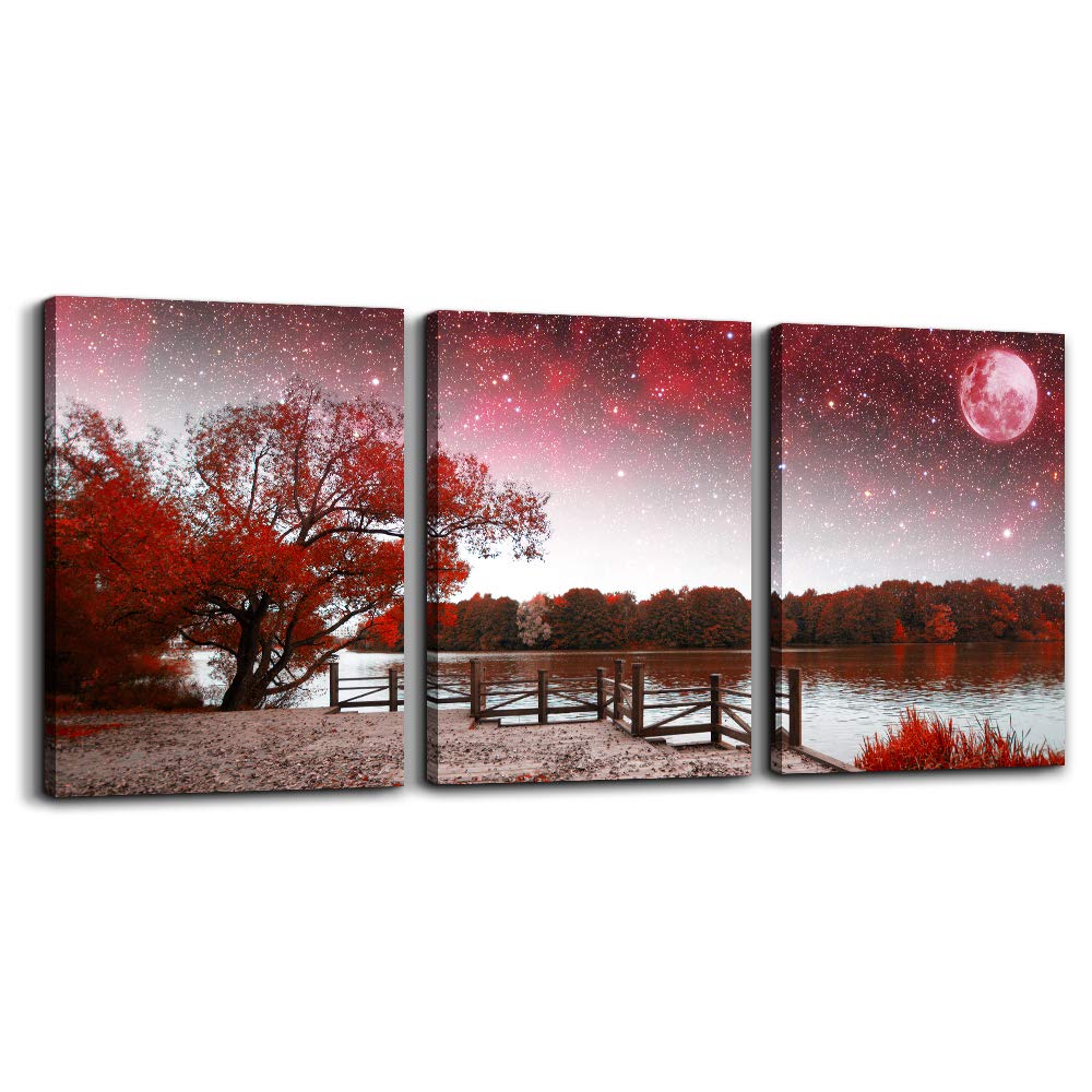 Wall Art for living room Canvas Prints bedroom Wall Decor for bathroom artwork Abstract Painting Red tree moon landscape paintings 12" x 16" 3 Pieces Modern framed office Home decorations for kitchen
