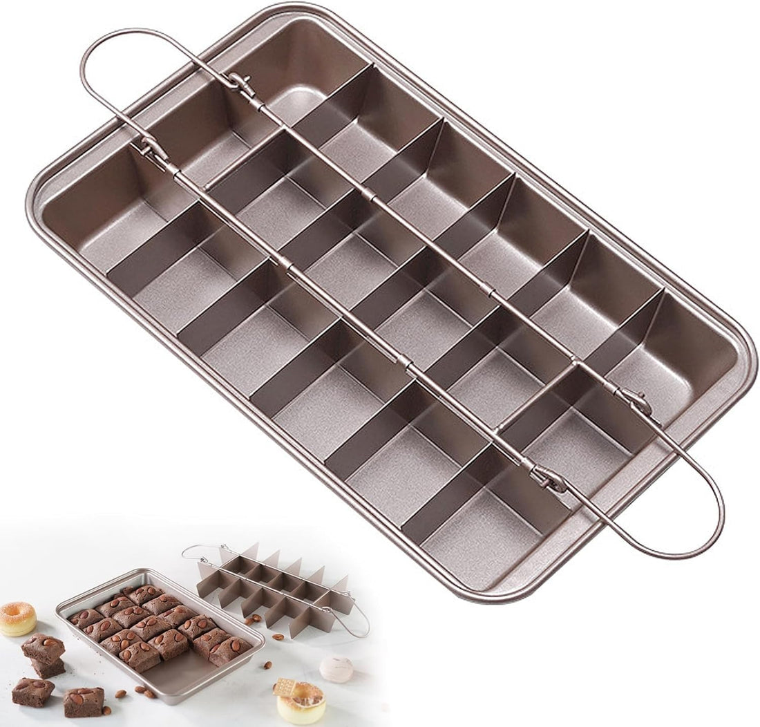 Brownie Pan with Dividers, 18 Pre-Sliced Non Stick Carbon Steel Baking Tray with Built-In Slicer & Handles, Multi-use Bakeware for Oven Baking Brownies, Cakes, Fudges, Biscuits and Muffins