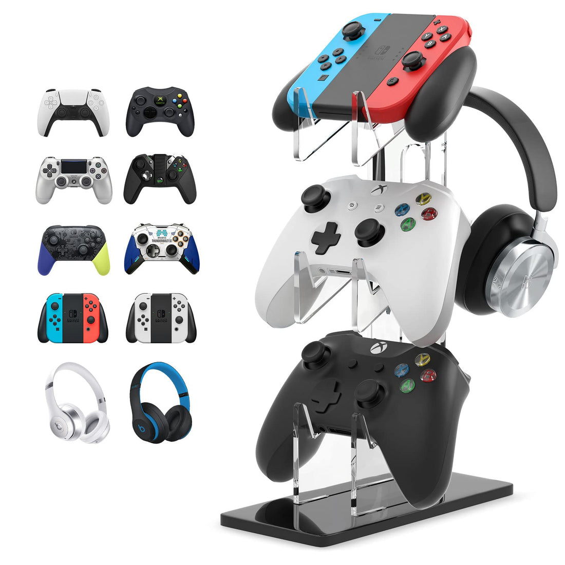 BEST MEDIA 3-Tier Headset and Dual Controller Stand, Universal Gaming Organizer Rack for Desk, Clear Acrylic Holder for PS5, PS4, and Xbox Accessories, Modern Gamer Storage Station