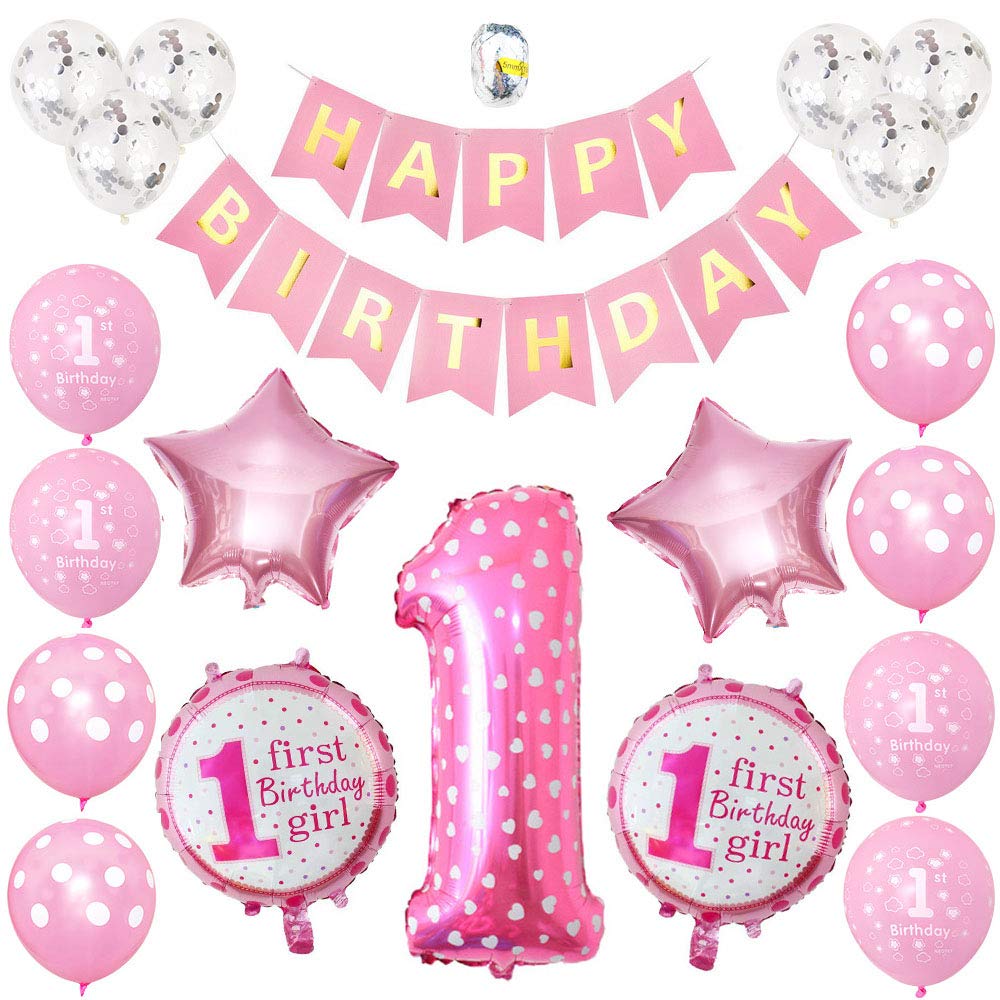 Gresunny 1st Birthday Decorations for Girls Happy Birthday Banner Latex and Aluminum Foil Birthday Balloons Kit First Birthday Party Supplies Set Decoration Balloon for kids Baby Shower