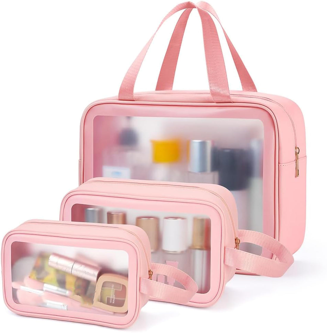 Toiletry Bags-Clear Wash Bag, Partially Transparent Toiletries Bags Waterproof, Makeup Bags with Zipper for Women and Girls 3PCS Pink,Travel Accessories Holiday Essentials, Transparent & Pink,