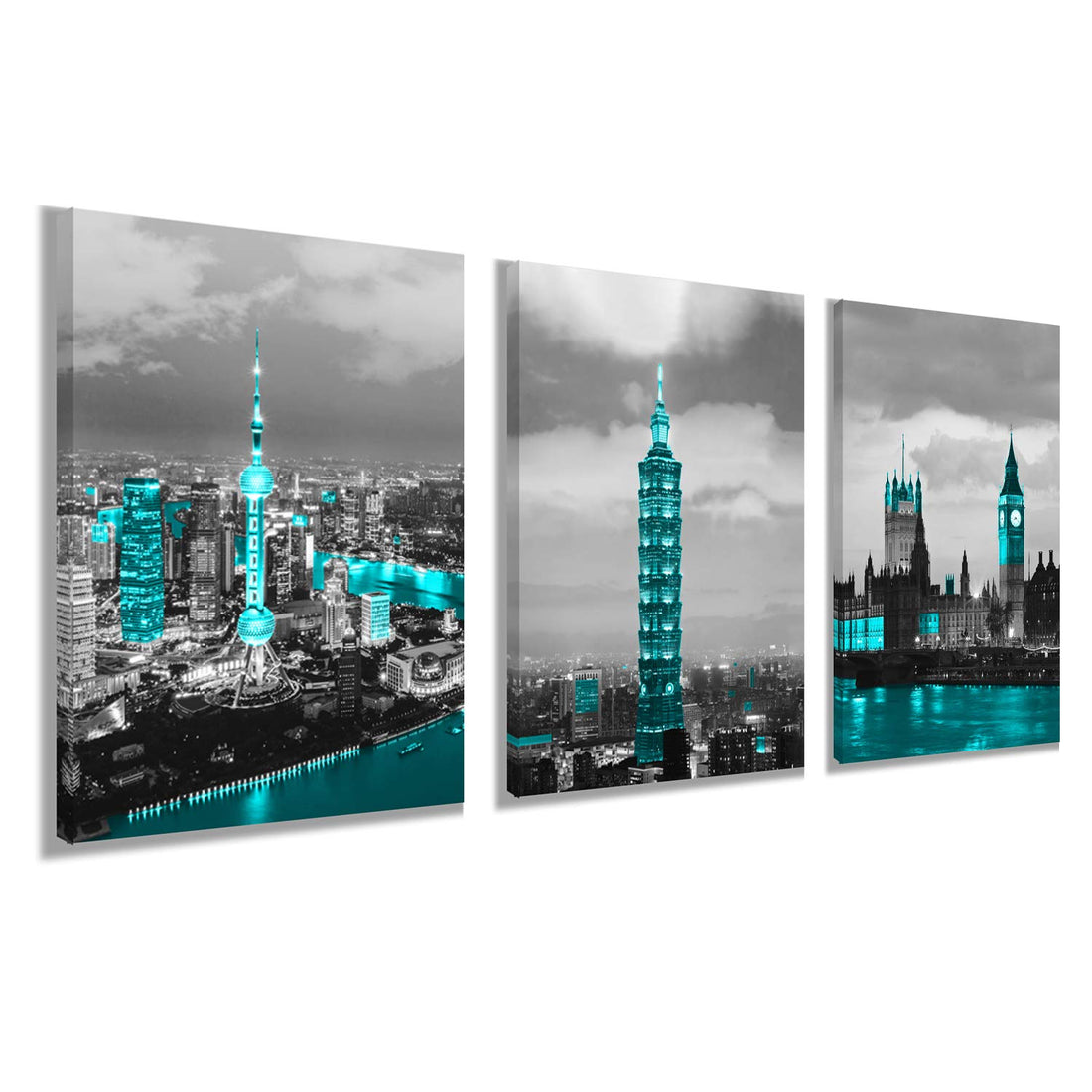 Big Ben in London for Decor Wall Art - Blue building Taipei 101 Building and Shanghai Oriental Pearl Tower Contemporary for Living Room Bedroom Office Wall Decor Ready to Hang