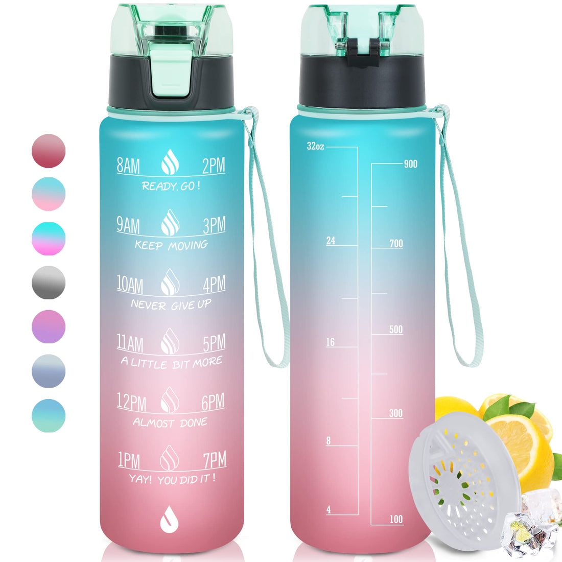 ZOMAKE 32oz Motivational Water Bottle with Times to Drink,Time Marker & Removable Strainer,Fast Flow,Leakproof Tritan BPA Free Non-Toxic Water Jug for Fitness,Gym,Sports,(Green/Pink Gradient 2.0)