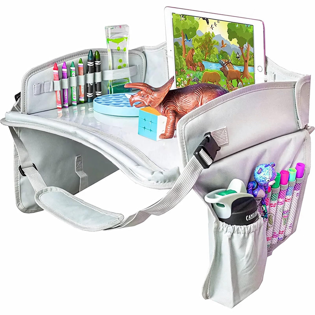 Kids Travel Tray Collapsible Toddler Car Seat Tray - Food & Snack Lap Car Seat Travel Table Desk with 7 Storage Pockets Carseat Organizer for Kids Road Airplane Trip Activity