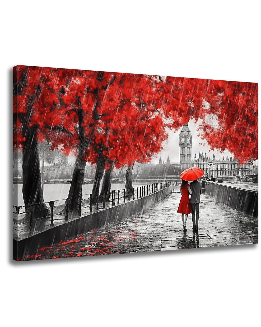 GLOKAKA Contemporary Wall Art Black White and Red Umbrella Couple in Street Big Ben Oil Painting Print Canvas Wall Art Romantic Picture Artwork for Bedroom Living Room Decor