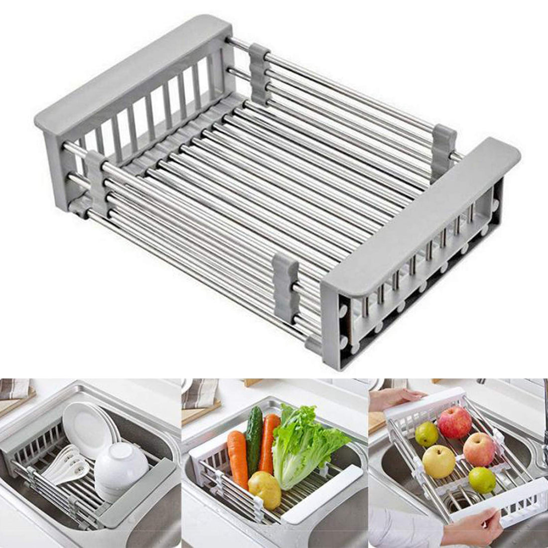 Stainless Steel Kitchen Drying Rack, Retractable Drain Basket with Adjustable Armrest, Over The Sink Dish Drying Rack
