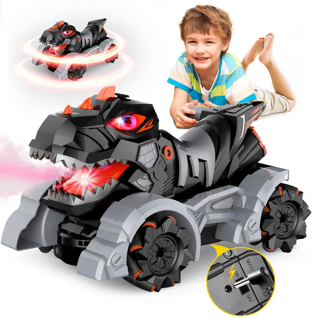 Aero Quest RC Dinosaur Car Toys for Kids Boys, 2.4Ghz 1:14 Remote Control Dinosaur Truck Toy with Light & Sound Spray for Boy Age 6-12, Gift for Kids