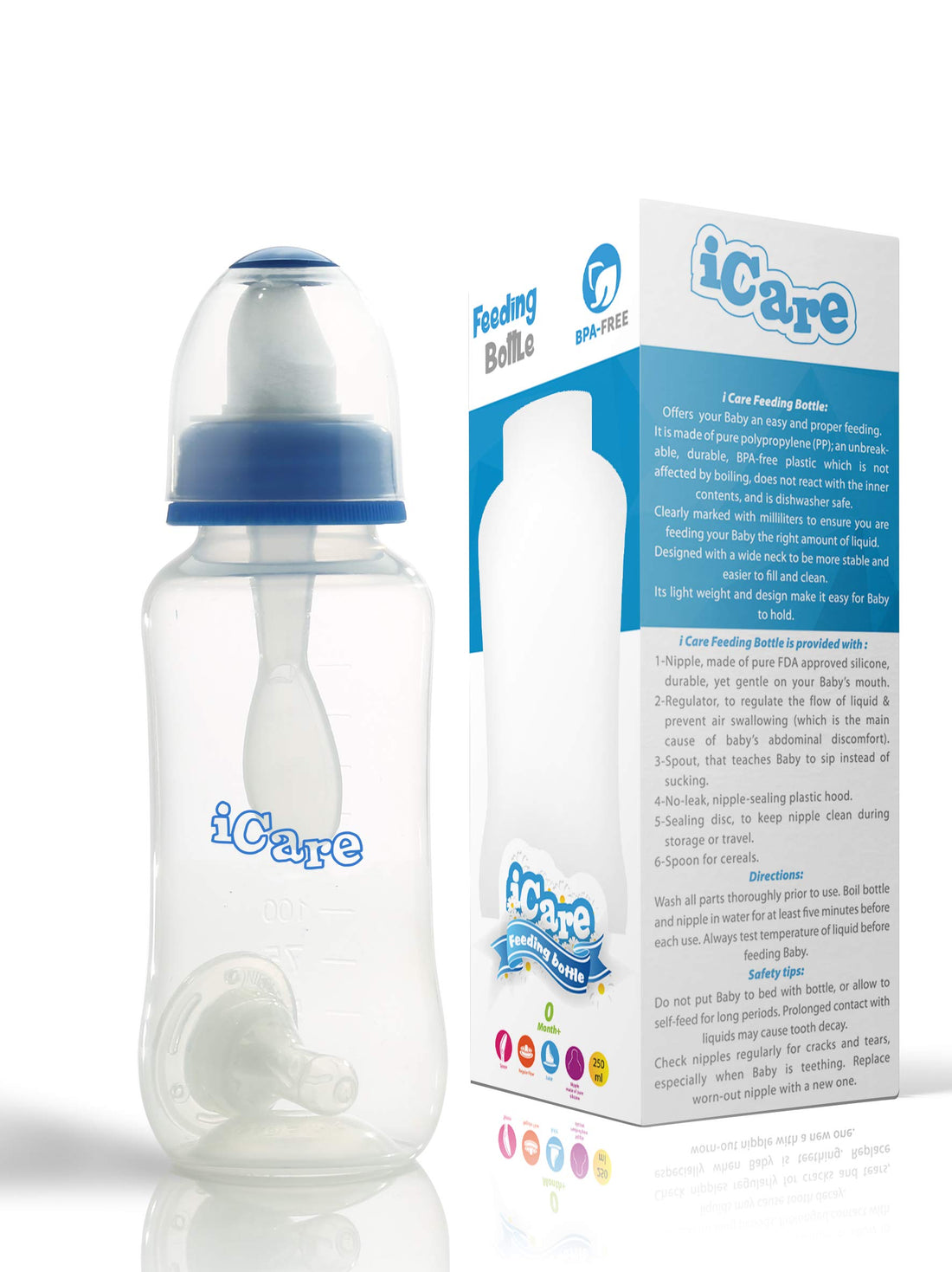 iCare Feeding Bottle BPA-Free with Spoon - 250 ml - Blue